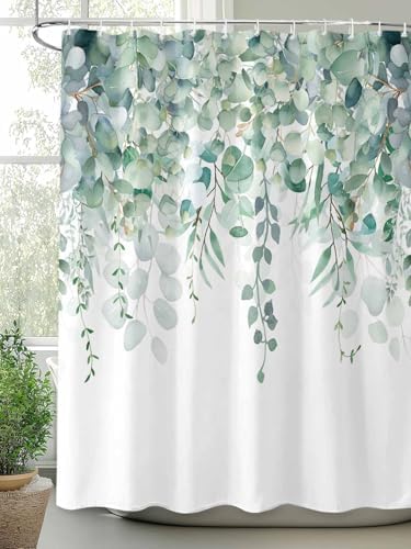 Shower Curtain Bathroom Set Green Eucalyptus Leaf on White Waterproof Shower Curtains with Grommets Hooks Fallen Leaves Watercolor Privacy Bath Curtain for Bathtub Decor 72x78in
