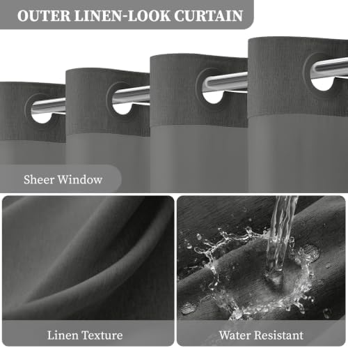 BTTN Charcoal Grey Ringless Linen Look Shower Curtain with Snap Liner 72x75