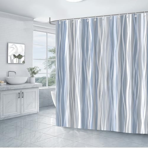 Moonslim Blue Grey Ombre Shower Curtain, Modern Wavy Abstract Striped Line Bathroom Curtain, Waterproof Fabric Bath Decor, 72 x 72 Inch