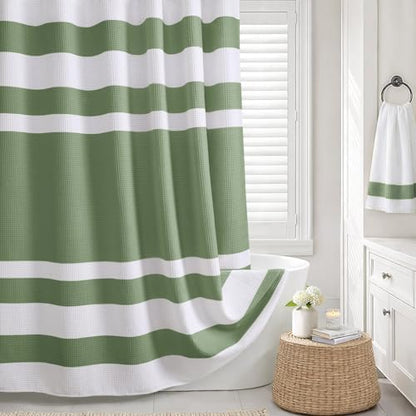Waffle Weave Shower Curtain Heavyweight Cotton Fabric Sage Green 72Wx72L