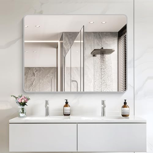 48x36 Inch Silver Bathroom Mirror, Large Rectangular Vanity Mirror, Metal Framed Rectangle Mirrors, Rounded Corner Wall Mounted Mirrors for Living Room Bedroom Entryway Horizontal or Vertical