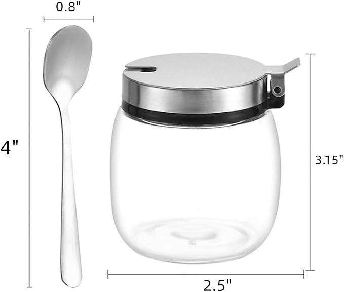 Hewnda 2Pcs Sugar Salt Container Set,8 oz glass jar with lid and spoon for storing condiments,coffee,sugar cubes,spices and more