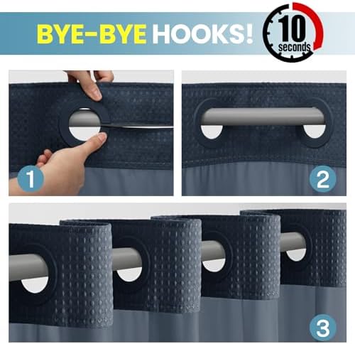 No Hook Waffle Shower Curtain with Snap in Liner Set, 71x86, Navy Blue
