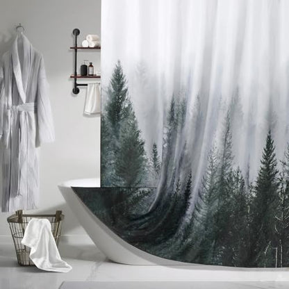 ORTIGIA 84 Inch Long Dark Green Misty Forest Shower Curtain for Bathroom, Nature Woodland Shower Curtain Set with Metal Hooks, Decorative Pine Tree Fog Magic Bath Curtain, Weighted, 72x84