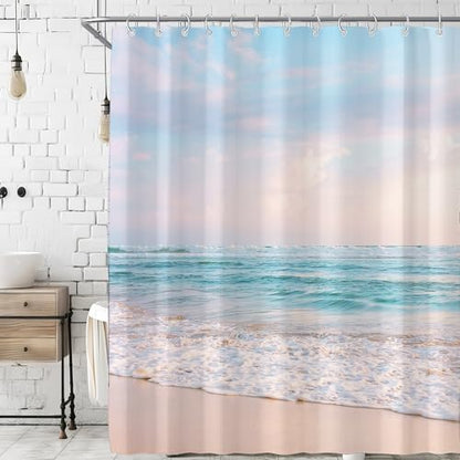 Ocean Beach Coastal Seaside Shower Curtain for Bathroom 72W*72H Inch Nautical Summer Seacoast Beachy Waves Bathtub Decor Seascape Neutral Waterproof Polyester Fabric Set with 12 Hooks