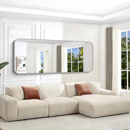 Silver Bathroom Mirror, 72 x 30 Inch Large Rectangle Mirror, Rectangular Vanity Mirror Aluminum Metal Frame, Rounded Corner Wall Mirror for Living Room Bedroom Entryway Horizontal/Vertical