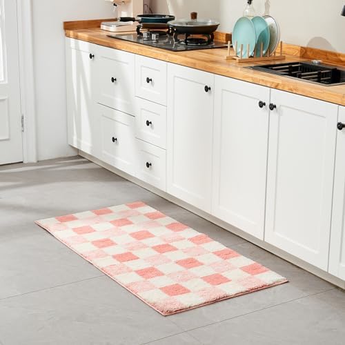 CozeCube Blossom Pink Checkered Bath Mat 47"x24" Non Slip Washable Rug