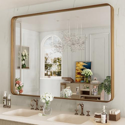 LOAAO 48X36 Inch Bathroom Mirror with Wood Grain Colored Metal Frame
