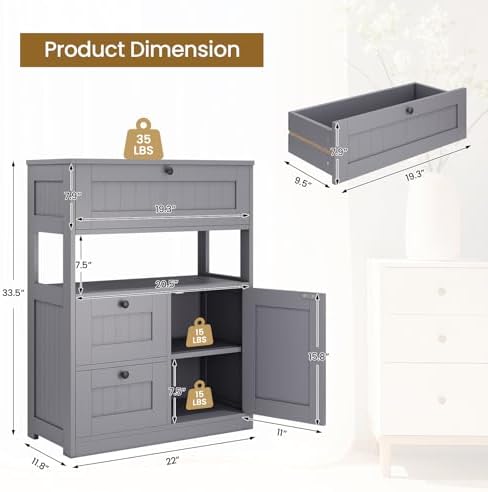 GRUSIGN Bathroom Cabinet, Modern Bathroom Floor Storage Cabinet Organizer with 1 Door and 3 Drawers, Freestanding Cupboard for Kitchen/Living Room Use