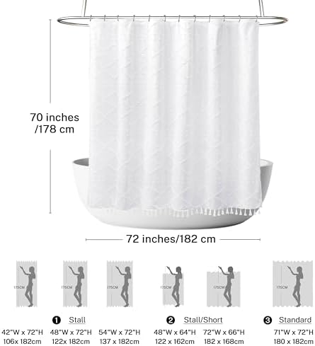 Siiluminisoy Boho White Woven Fabric Shower Curtain with Tassels 72 x 70 Modern Farmhouse Minimalist Tufted Chevron Striped Shabby Chic Textured, Water Resistant Curtain for Bathroom, Hotel Decor