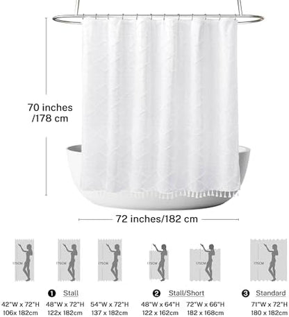 Siiluminisoy Boho White Woven Fabric Shower Curtain with Tassels 72 x 70 Modern Farmhouse Minimalist Tufted Chevron Striped Shabby Chic Textured, Water Resistant Curtain for Bathroom, Hotel Decor