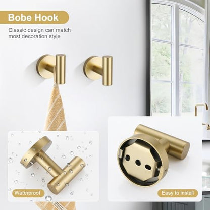 TQKAG Brushed Gold Bathroom Hardware Set 6-Piece Bathroom Accessory Set 23.6 Inch Round Stainless Steel Towel Bar Set Wall Mounted