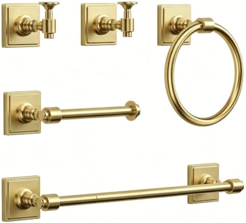VEHCIL Brushed Gold Bathroom Towel Bar Set, 5 Piece Bathroom Hardware Accessory Set, SUS304 Stainless Steel 24" Towel Rack Holder Set for Bathroom, Wall Mounted