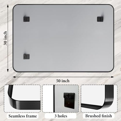 50x30 Inch Black Metal Framed Bathroom Mirror for Wall, HD Tempered Glass
