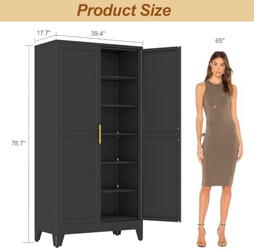 79" Black Metal Storage Cabinet with 2 Doors and 5 Adjustable Shelves,Steel Garage Tool Cabinet, File Cabinet,Kitchen Pantry Cabinet for Home,Office,Garage,School,Warehouse