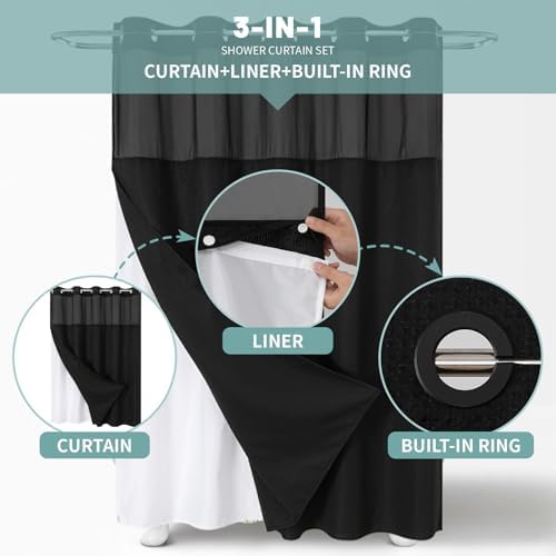 eachope No Hook Long Waffle Shower Curtain, Snap-in Liner, 71x86 in,Black