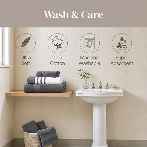 Modern Threads 6 Piece Bath Towel Set – Bathroom Towel Set with 2 Bath Towels, 2 Hand Towels & 2 Washcloths – 100% Cotton, Soft & Absorbent – Classic Border Stripe (Gray)