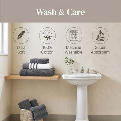 Modern Threads 6 Piece Bath Towel Set – Bathroom Towel Set with 2 Bath Towels, 2 Hand Towels & 2 Washcloths – 100% Cotton, Soft & Absorbent – Classic Border Stripe (Gray)