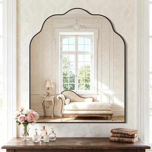 Arched Scalloped Mirror, 30×36Inch Black Bathroom Mirror, Wavy Wall Mounted Vanity Mirror Decor with Aluminum Alloy Frame for Livingroom Bedroom and Entryway, Tempered Glass