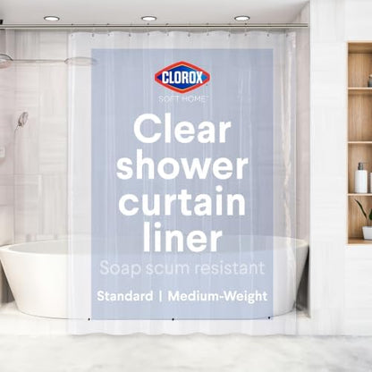 Clorox Shower Curtain Liner, Premium Medium-Weight Durable Waterproof 6g PEVA for Bathroom with Weighted Magnets, Standard Size 72" x 72", Clear 1 Pack