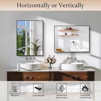 COFENY Black Bathroom Mirror for Wall, 18x24 Inch Rectangle Mirror with Metal Frame, Modern Vanity Mirrors for Bathroom Living Room, Entryway Hangs Horizontal or Vertical