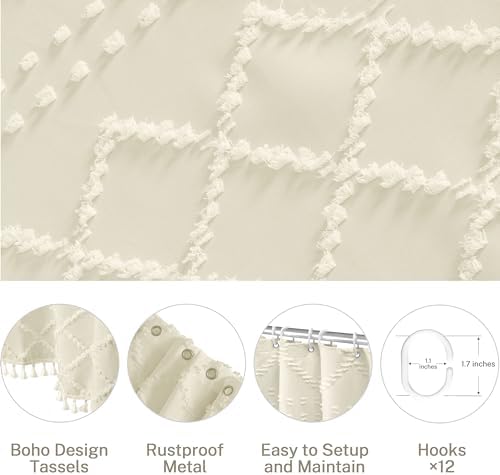 Siiluminisoy Extra Long Cream Boho Shower Curtain Woven Fabric Cute 90 Inch Shower Curtain, 72 x 90 Tufted Chevron Textured Striped Modern Farmhouse Minimalist Cloth Shower Curtain for Bathroom