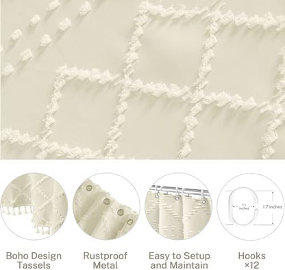 Siiluminisoy Extra Long Cream Boho Shower Curtain Woven Fabric Cute 90 Inch Shower Curtain, 72 x 90 Tufted Chevron Textured Striped Modern Farmhouse Minimalist Cloth Shower Curtain for Bathroom
