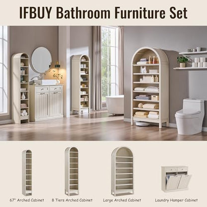 IFBUY 71" Tall Arched Bathroom Storage Cabinet, 7-Tier Modern Farmhouse Storage Cabinet with Adjustable Shelves, Wood Freestanding Cabinet for Bathroom, Living Room, Entryway, Hallway (Cream)