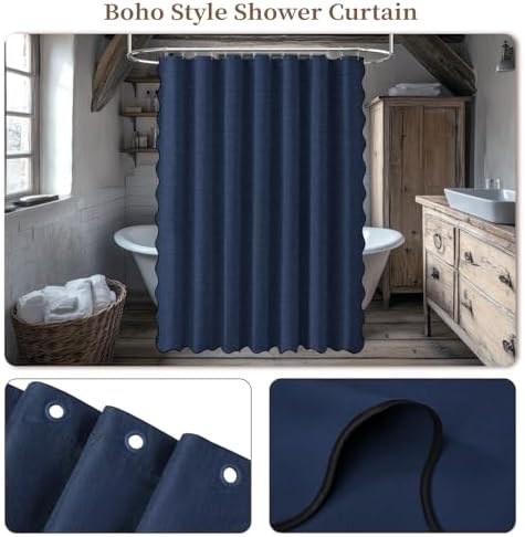 BTTN 84x72 Boho Scalloped Linen Textured Cloth Shower Curtain, Navy Blue
