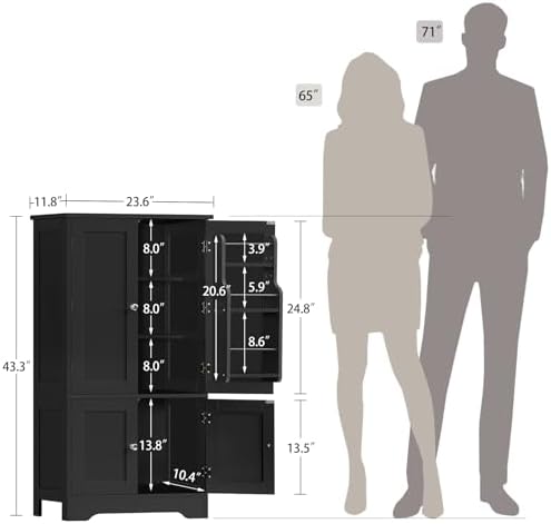 43”H Pantry Cabinet with 4 Doors, Kitchen Cabinet with 6 Door Shelves