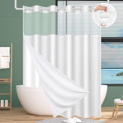 FADOTY White No Hook Shower Curtain Set with Snap in Liner, 71'' x 86''