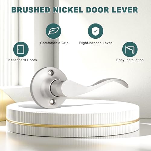 GOBEKOR 4 Pack Brushed Nickel Half Dummy Door Handle for Closet Keyless Interior Door Lever Wave Right Handed Single Dummy Handles