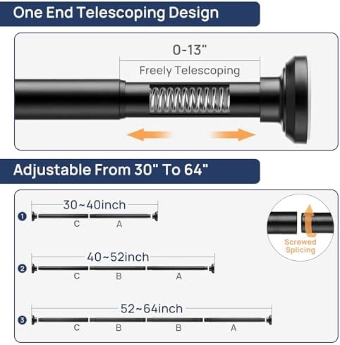 ENJOYBASICS 1" Black Shower Curtain Rod, 30-64" Adjustable, Secure Tension