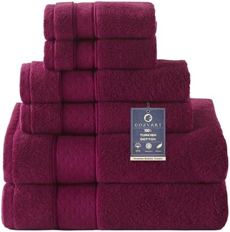 COZYART Bath Towel Set 6 PCS, Burgundy Luxury 100% Turkish Cotton 650GSM