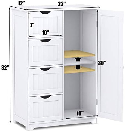 Giantex Bathroom Storage Cabinet with Drawers - 4 Drawer Storage Organizer w/Cupboard, Adjustable Shelf, Anti-Toppling Device, Entryway Storage Unit Console Table, Bathroom Floor Cabinet (White)