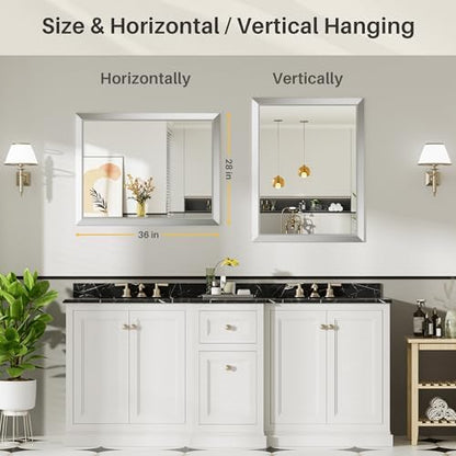 Briivue Bathroom Wall Mirror, Silver Brushed Nickel Metal Frame, 28x36 Inch