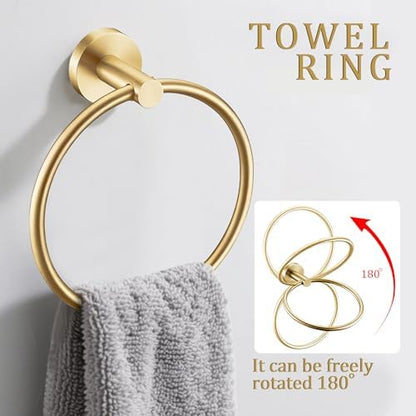 5 Pieces Brushed Gold Bathroom Hardware Accessories Set, SUS304 Stainless Steel 24 Inch Bath Towel Bar Set, Round Bathroom Towel Holder Set, Towel Racks for Bathroom Wall Mounted