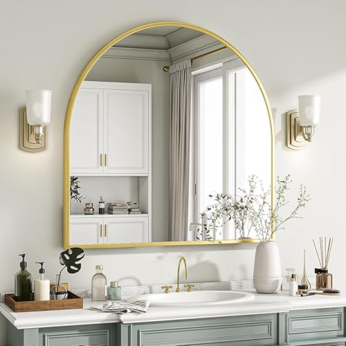 VooBang Wide Arched Wall Mirror, 31 x 32 inch Arch Bathroom Mirror Gold