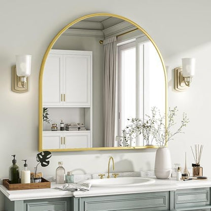 VooBang Wide Arched Wall Mirror, 31 x 32 inch Arch Bathroom Mirror Gold