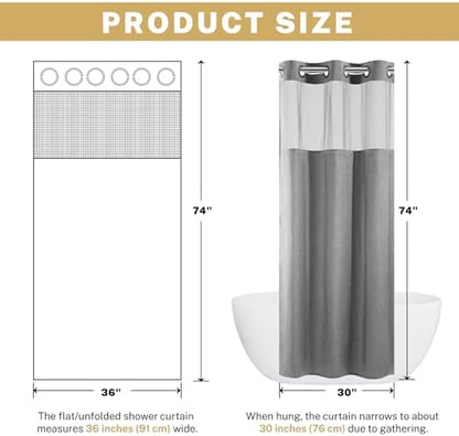 WONICY Stall No Hook Shower Curtain with Snap-in Liner, Grey, 54 x 80