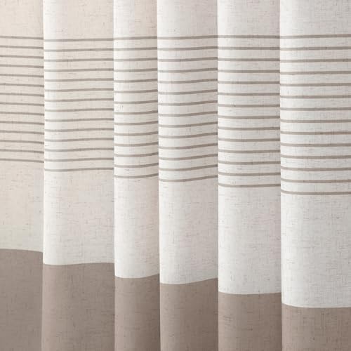 Taupe Farmhouse Linen Striped Shower Curtain with Tassel 72"W X 72"L