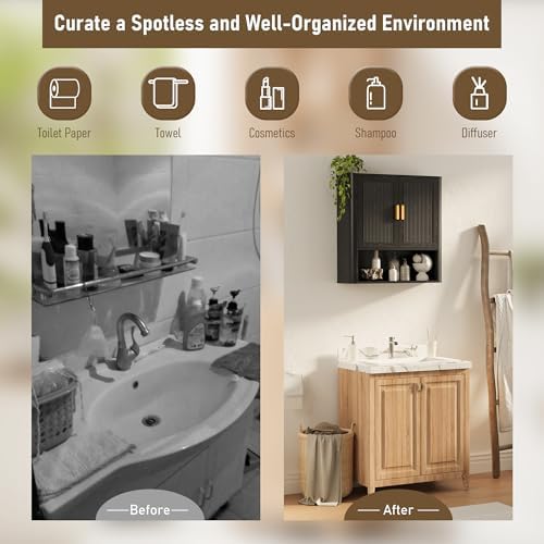 INNOD Bathroom Wall Cabinet, Wall-Mounted Medicine Cabinet with Adjustable Wood Shelf & Doors, Floating Bathroom Cabinet Over Toilet for Laundry Room & Kitchen & Living Room (Black)