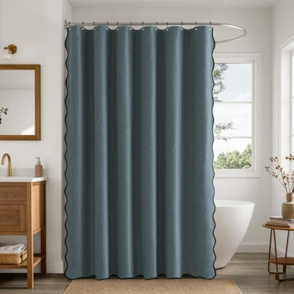 ANRODUO Dusty Blue Scalloped Linen Textured Shower Curtain, W72 x L72