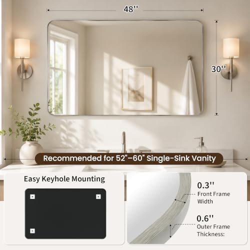30x48 Inch Brushed Nickel Rounded Rectangle Bathroom Vanity Mirror
