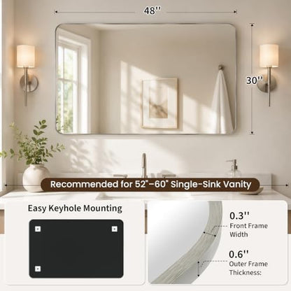 30x48 Inch Brushed Nickel Rounded Rectangle Bathroom Vanity Mirror