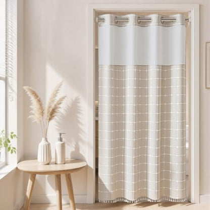 RiverDream Farmhouse No Hooks Shower Curtain with Snap-in Liner,Linen,54x80