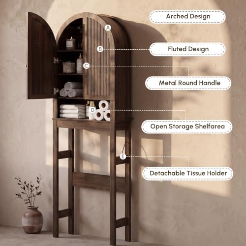 HMstone Over The Toilet Storage Cabinet, Arched Bathroom Organizer and Storage with Doors and Adjustable Shelf, Space-Saving Freestanding Bathroom Modern Storage Cabinet Over Toilet (Walnut)