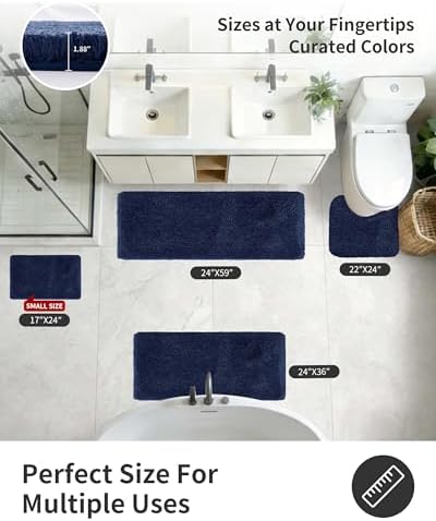 ILANGO Navy Blue Bathroom Rugs 24" × 17" Small Non Slip & Super Absorbent Extra Thick Soft, Washable Bath Mat for Floor, Microfiber Plush Shaggy Bath Rug with Rubber for Bathtub Shower Room Sink