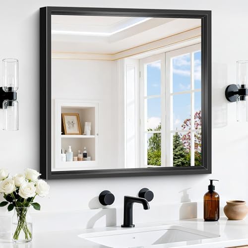 24x24 Square Black Mirror, Bathroom Mirrors for Over Sink 0.6" Thickened Deep Frame, Brushed Black Rectangle Mirrors for Wall, Shatterproof Tempered Glass, Antirust, Horizontally or Vertically