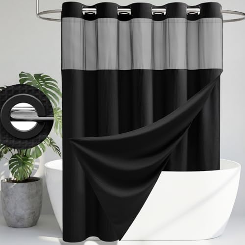 Dynamene Black Hook Free Waffle Shower Curtain & Snap-in Fabric Liner,54x81